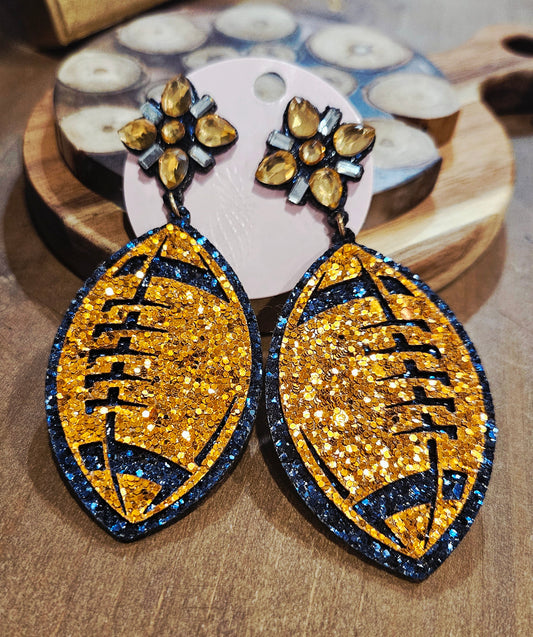 Navy and Orange Glitter Football Dangle Earrings