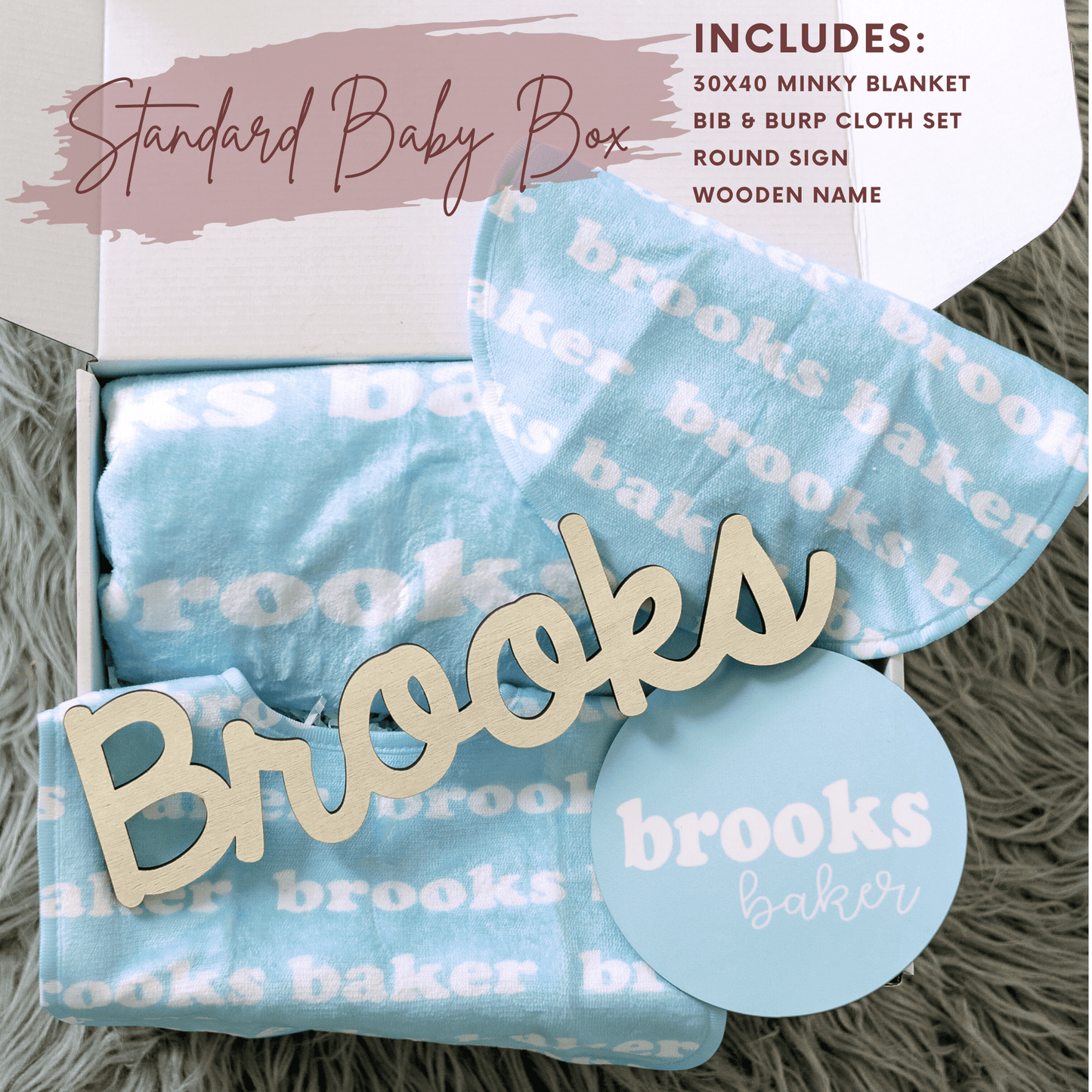 Blue Sky baby Gift Box Set including a blanket, bib,burp and wood cut name sign.