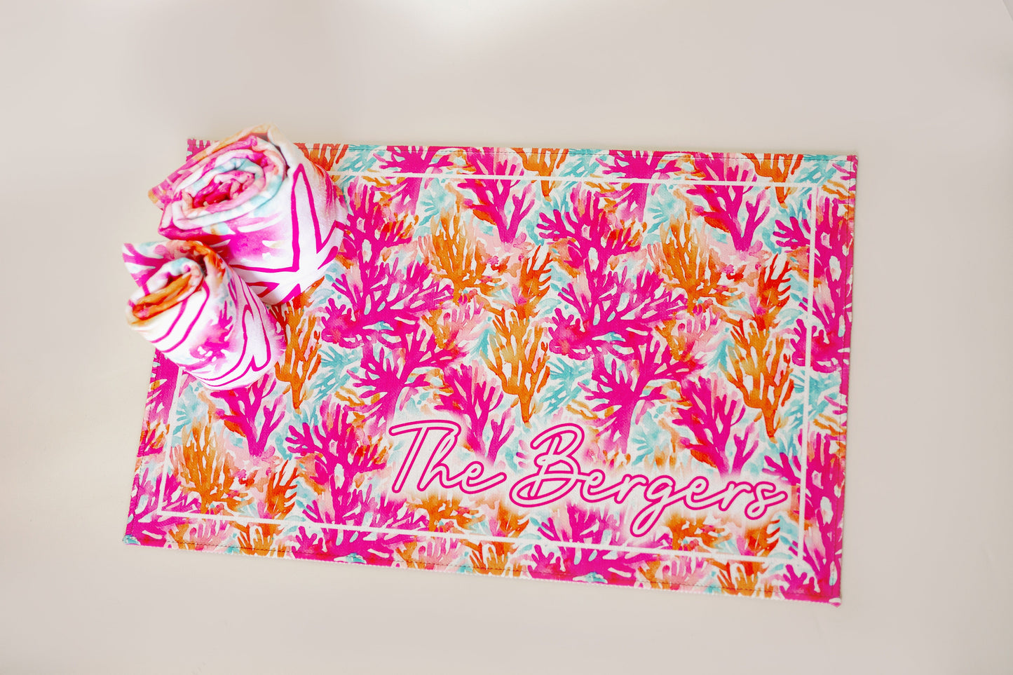 Personalized Pink Neon Coral Door Mat & Beach Towel