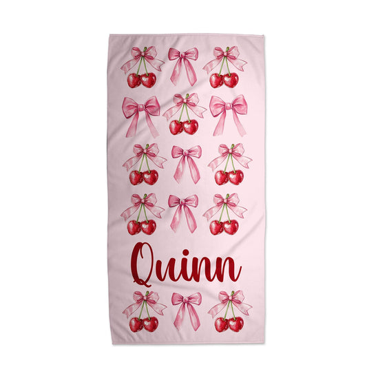 Pink Cherries and Bow Personalized Beach Towel