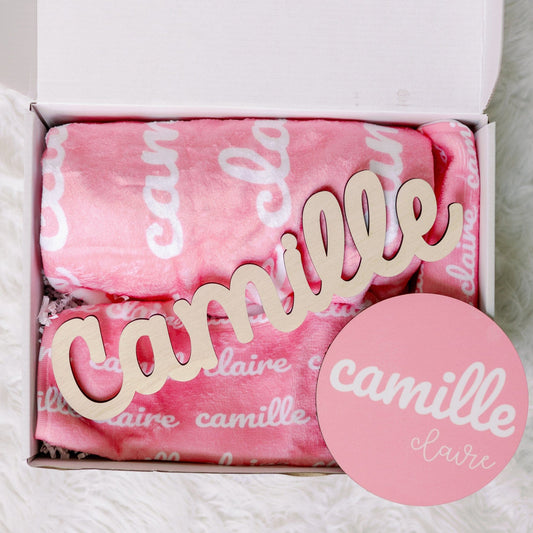 Pink Personalized Baby Blanket, bib, Burp and Wooden name cut sign adn round 5.5 sign.