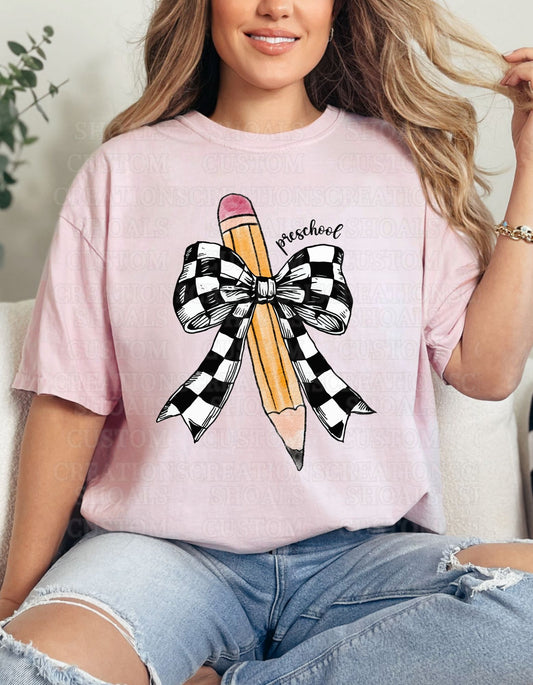 Checkered Pencil Bow Grade Back to School Tee