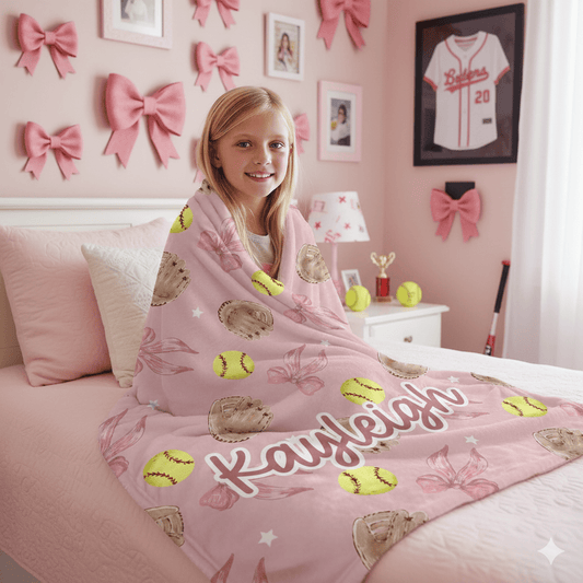 Pink Softball Coquette Bow Blanket wrapped around a little girl.
