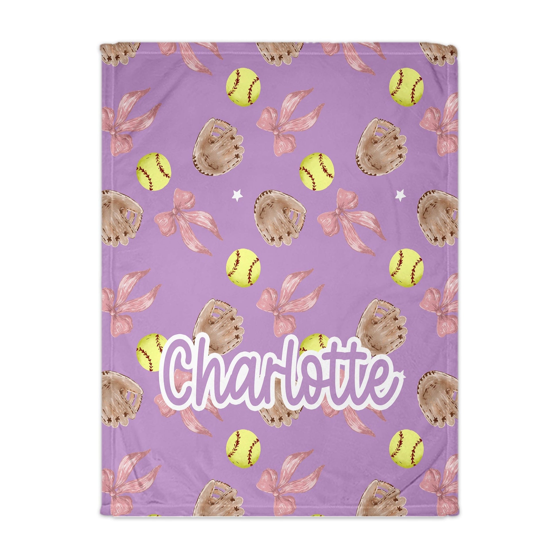 Purple blanket with softball and bow pattern and 'Charlotte' text