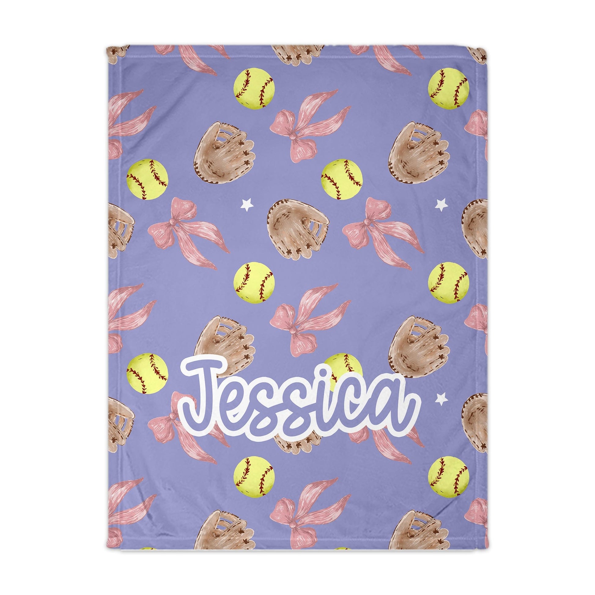 Personalized blanket with softball, glove, and bow pattern on a purple background